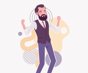 Modern business leader, smart businessman winner pose. Elegant high quality attire, tech savvy professional planning market trend, vector flat style cartoon illustration abstract creative background