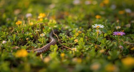 Obraz premium Naturalistic portrayal of an earthworm winding through a lush garden patch