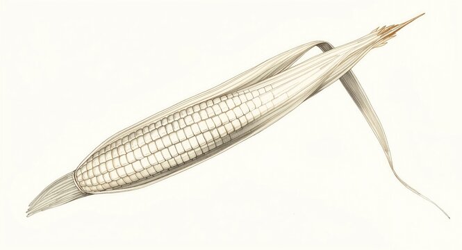 Vintage botanical drawing of a leafy corn stalk with detailed hand sketched outlines on white background