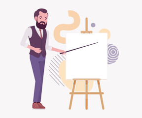 Modern business leader, smart businessman stand pose. Elegant high quality attire, tech savvy professional planning market trend, vector flat style cartoon illustration abstract creative background