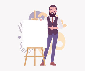 Modern business leader, smart businessman stand pose. Elegant high quality attire, tech savvy professional planning market trend, vector flat style cartoon illustration abstract creative background