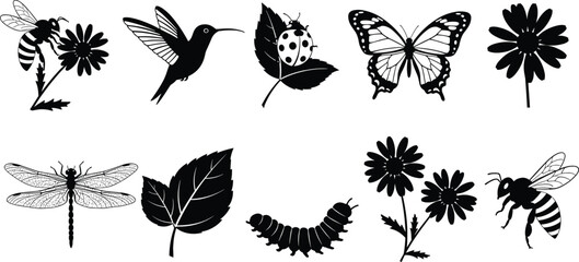 Nature Insect Icon Set featuring Butterfly, Dragonfly, Hummingbird, Honey Bee, Ladybug, Caterpillar, Garden Flowers, and Leaves, CAD Drawing Flat Vector Illustration, © Fozila