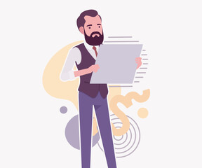 Modern business leader, smart businessman stand pose. Elegant high quality attire, tech savvy professional planning market trend, vector flat style cartoon illustration abstract creative background