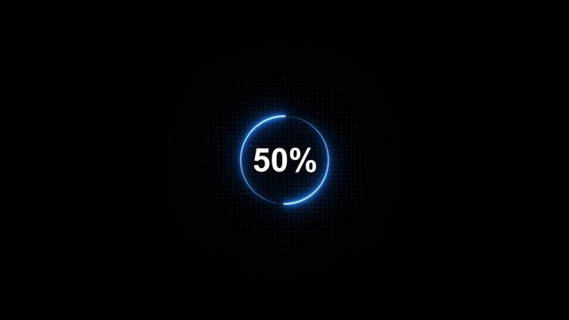 Neon Circle Progress Bar 50 Percent Blue Glowing Percentage Sign on Dark Background with Grid Texture for Infographics and Data Visualization
