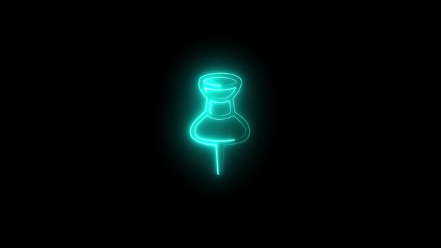 Animated neon cyan color map pin tack glowing symbol on dark background. 4k Video