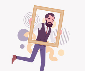 Modern business leader, smart businessman frame look. Elegant high quality attire, tech savvy professional planning market trend, vector flat style cartoon illustration abstract creative background