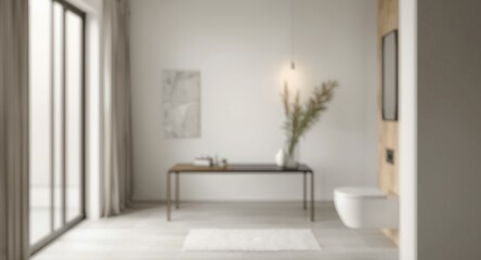 Fototapeta premium Minimalist bathroom decor with out of focus table and copy space area