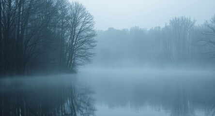 Fototapeta premium Peaceful water scene veiled in mist with dark tree outlines after rainfall
