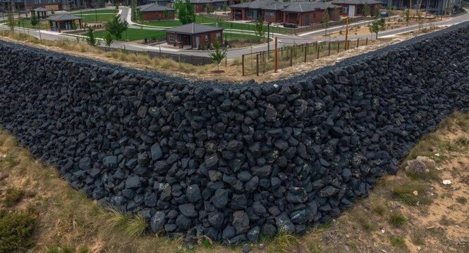 Use of heavy black stones to build base and boundary for multi unit residential development