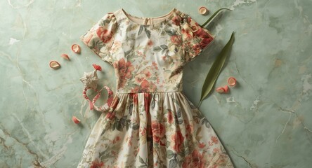 Unique Christmas fashion style combining vintage floral backgrounds and abstract watercolor with light green marble texture