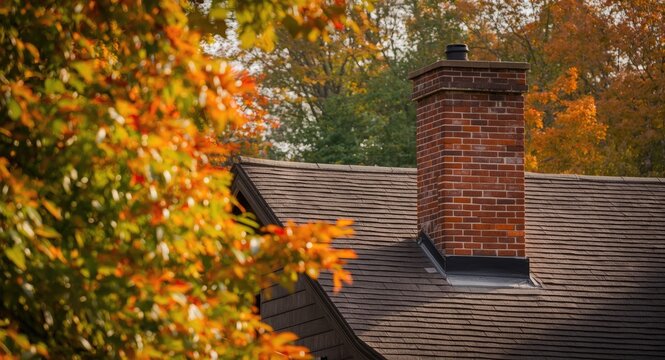 Scenic natural setting showing a brick chimney and textured shingled roof surrounded by leafy trees
