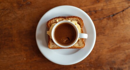 Fototapeta premium Top view of a Brazilian breakfast featuring buttered toast on a plate and a coffee cup with copy space for text