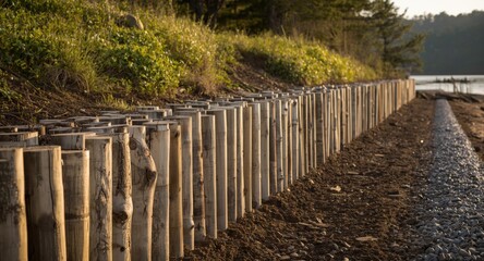 Fototapeta premium Innovative shore barrier using vertical oak logs to stabilize slopes and prevent landslides