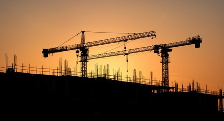 Silhouetted cranes and scaffolding during dormitory building construction phase