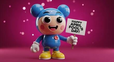 A cheerful toy character celebrating fool's day with a sign.
