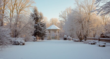 Peaceful winter garden covered in pristine snow with a scenic gazebo and frosted trees glowing in gentle sunlight