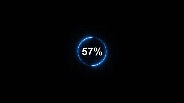 Glowing Blue Circle Progress Bar with 57 Percent Percentage Sign Neon Light Effect on Dark Background with Grid Texture for Infographic or Data Visualization