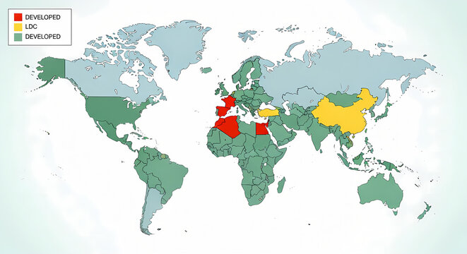 An informative 2d digital world map, dominated by green, visualizing the categorization of countries into developed and ldc status using a clear color-coded legend for global economic analysis.