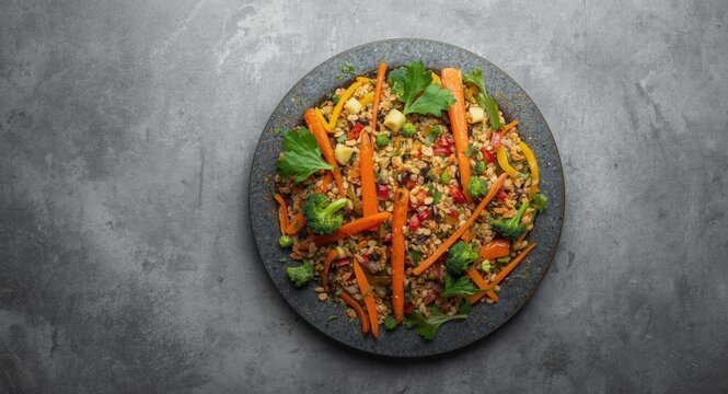 Healthy grain and vegetable dish on a clean gray tabletop with room for text