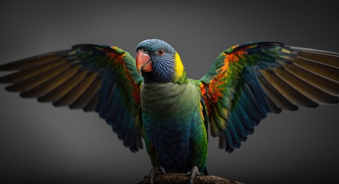 Vibrant Pionus parrot with majestic wings and colorful plumage displayed