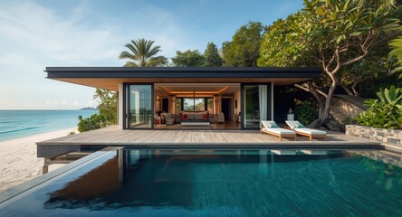Fototapeta premium Sophisticated home design with a private swimming deck and scenic beach views for a relaxing summer