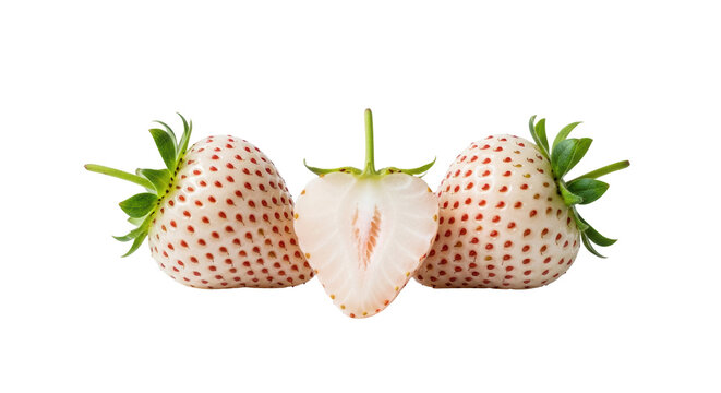 three transparent pineberries, two whole and one sliced showing its juicy pale interior and contrasting red seeds, arranged on a transparent studio background with soft shadow. Minimalist food