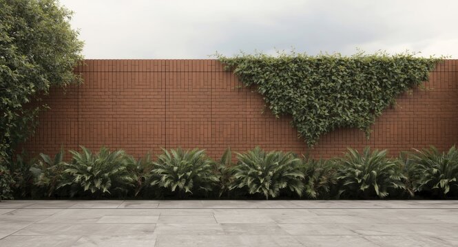 Stylish exterior area combining a brown brick wall and neat cement ground accented by elegant foliage creating a calm atmosphere