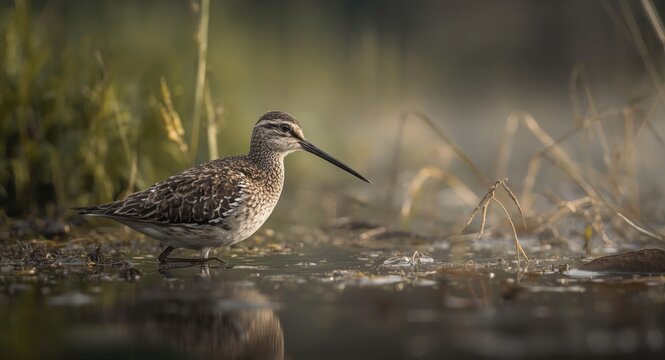 Wilson snipe displaying mottled plumage and straight bill in swampy wetland