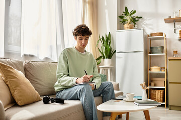 Handsome young man in a pastel green sweatshirt writing in his modern apartment