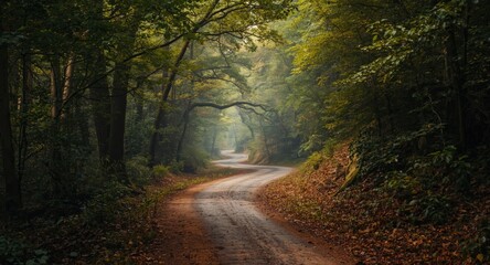 Obraz premium Quiet forest setting with a twisting dirt road lined by dense verdant trees and rich foliage sparking adventurous spirit