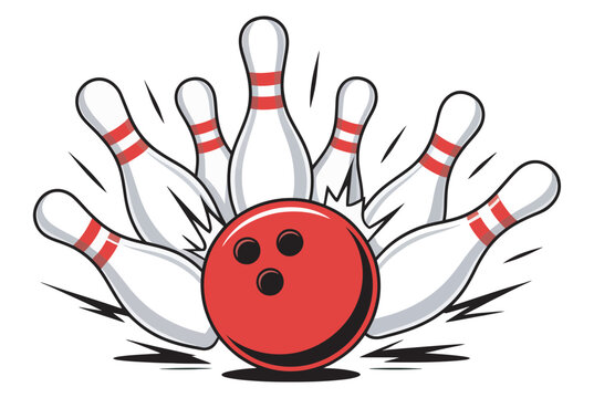 Strike in a game of bowling, ball impact with pins, indoor sport recreation, bowling competition action vector illustration