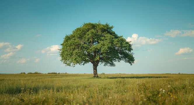 single tree thriving in the core of a vast open meadow during daylight