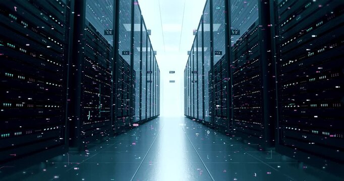 Technology Data Center Interior with Powerful Server Hardware 4K. Technology And AI Related 3D Animation.