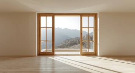 Obraz premium Tranquil luxury hotel atrium highlighted by rustic wooden windows and neutral mountain views with vast empty copy space for creative text