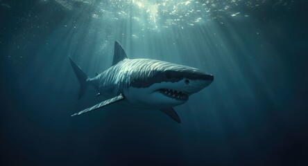 Dominant great white shark gliding serenely in deep ocean surrounded by shadows