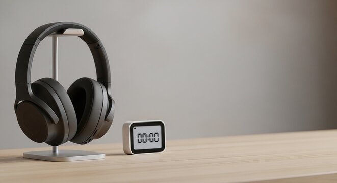 Minimal Desk Setup with Noise-Canceling Headphones and Timer Device for Focused Productivity