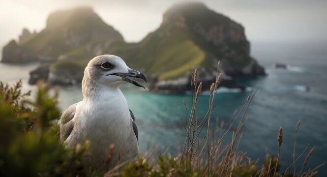 Seabird Larus fuscus behavior observation near island shoreline