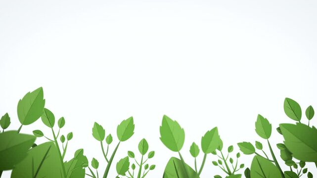 Clean botanical lower-third backdrop with stylized green leaves and branches on a soft white gradient background, leaving wide copy space for text or logo placement.