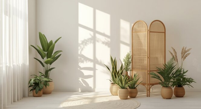 Tranquil cozy bedroom with boho decor, bamboo dressing screen, and floor potted greenery