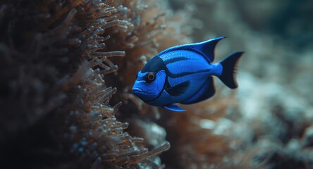 Blue fish captured close up as it swims near the seabed