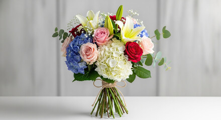 Colorful bouquet of mixed flowers with white background  