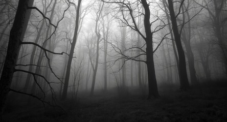 Obraz premium Enigmatic black and white woodland with dense mist and tall trees forming a foggy mysterious scene