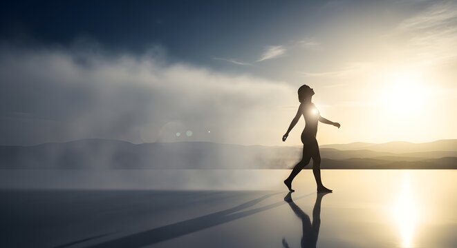 Single figure walking out of fog into clear space, mental clarity concept