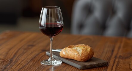 Naklejka premium Wine glass and piece of bread on wooden table featuring copy space for text or design