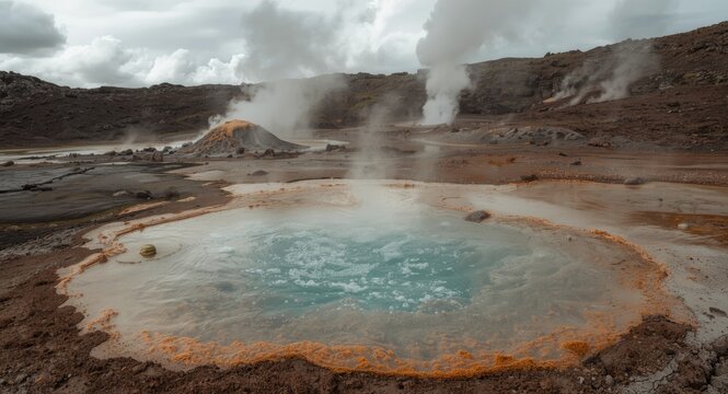Warm thermal springs bubbling near active volcanic fumaroles