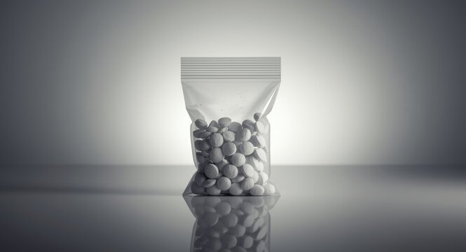 Powdered synthetic opioid substances shaped into compact pills and secured in plastic bags after seizure