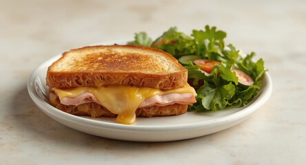 Toasted ham and cheese sandwich with a side of fresh salad