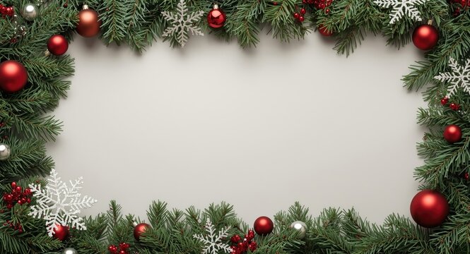 Ornamented evergreen frame in classic coloring style decorated with red and silver holiday balls and fanciful snowflakes plus copious copy space