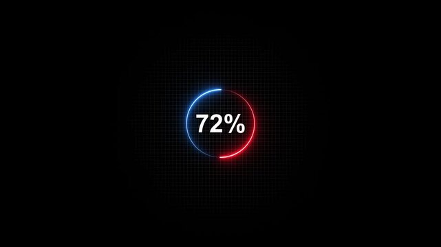 Neon percentage counter display 72 percent on black background with grid texture neon counter percentage display