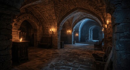 Fototapeta premium Ancient dungeon interior showcasing medieval castle architecture and historical ambiance